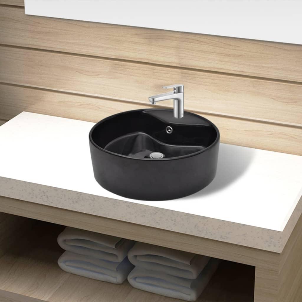 Bazin chiuvetă ceramică baie cu gaură robinet/preaplin, rotund, negru - Kabine.ro - Chiuvete baie