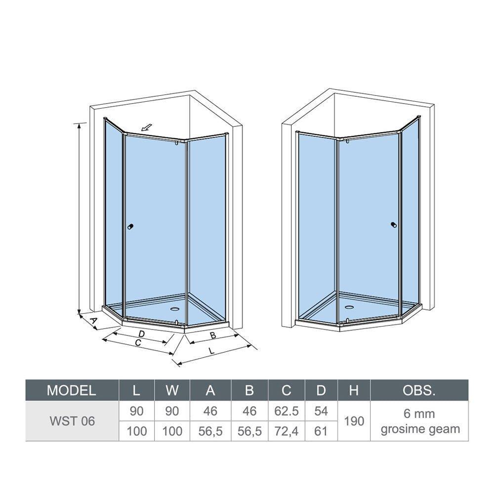 Cabină de duș pentagonală WST 06, profil cromat, sticlă transparentă, 6MM - Kabine.ro - Cabina de dus