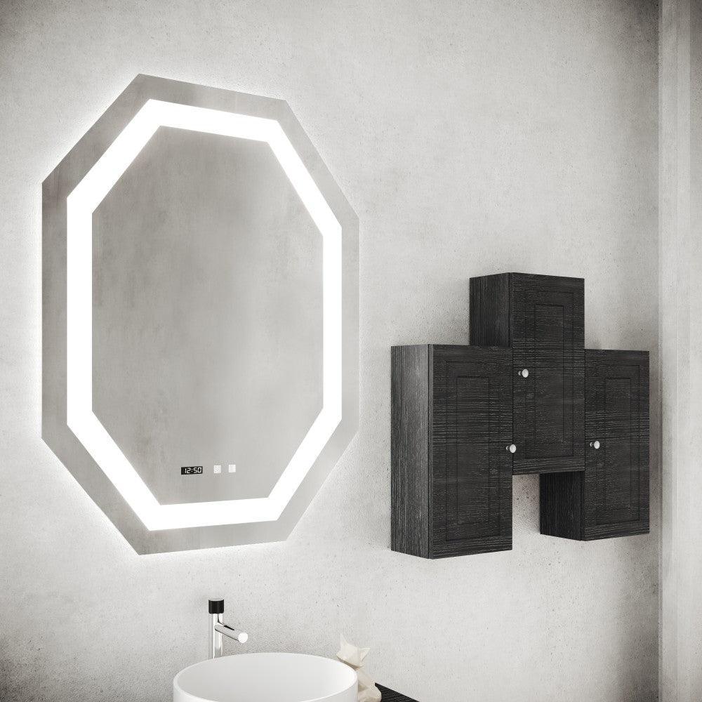 Oglinda baie cu iluminare LED, buton touch, dezaburire si ceas, octogonala 75x100 cm - Kabine.ro -