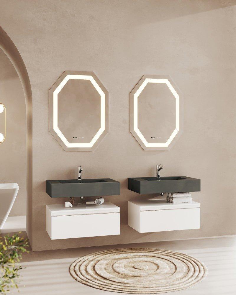 Oglinda baie cu iluminare LED, buton touch, dezaburire si ceas, octogonala 75x100 cm - Kabine.ro -